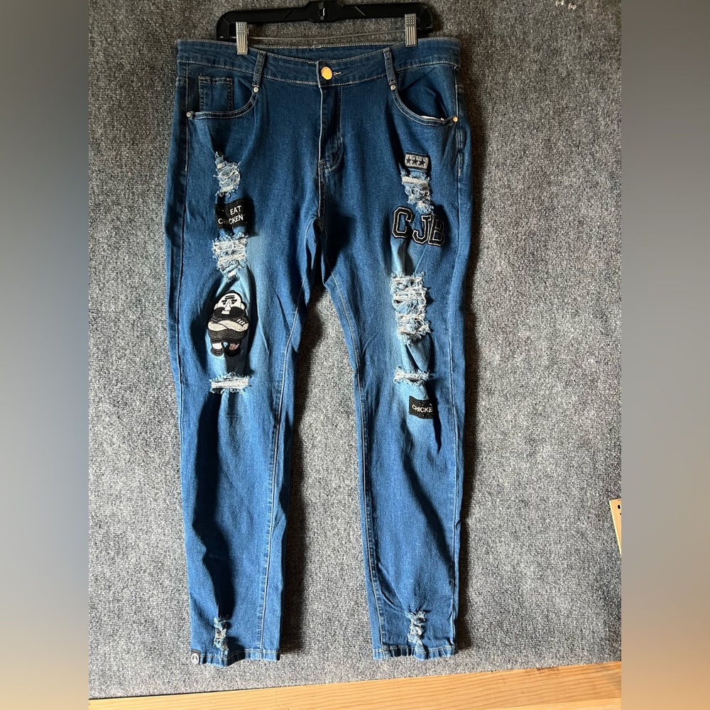 Romwe Jeans Eat Chicken  Denim Skinny Jeans 2XL (36X31) Distressed Ripped Destro